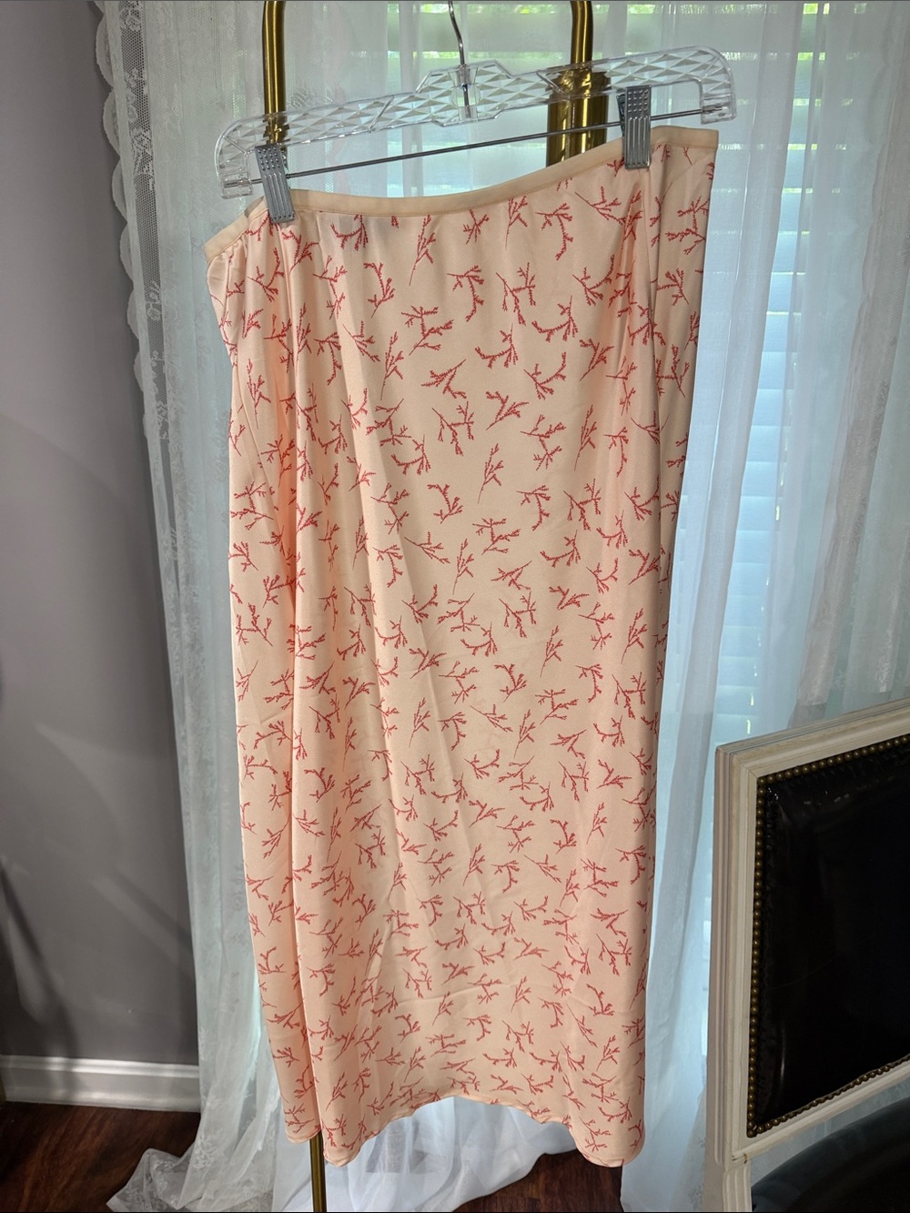 Women's Midi Slip Skirt in Peach with Coral Print